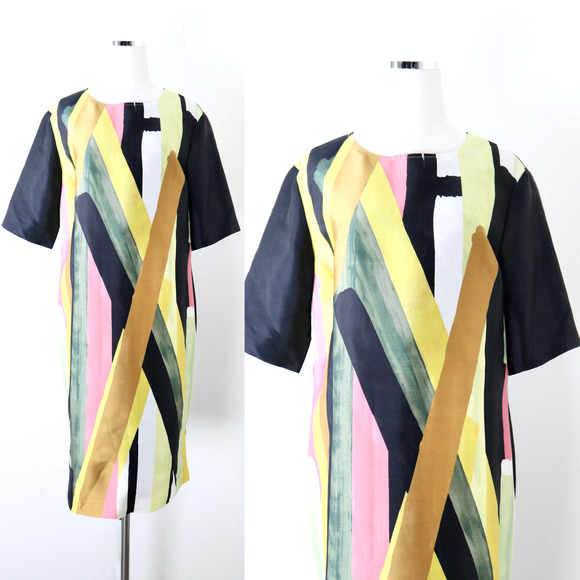 St. John Dresses & Skirts - St John Size 10 Abstract Print Sheath Dress Silk Wool Colorblock Short Sleeve